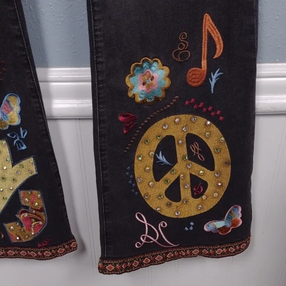 ROMWE Y2K Hippie style,Black Flare Jeans with Embroidery - Picture 3 of 14